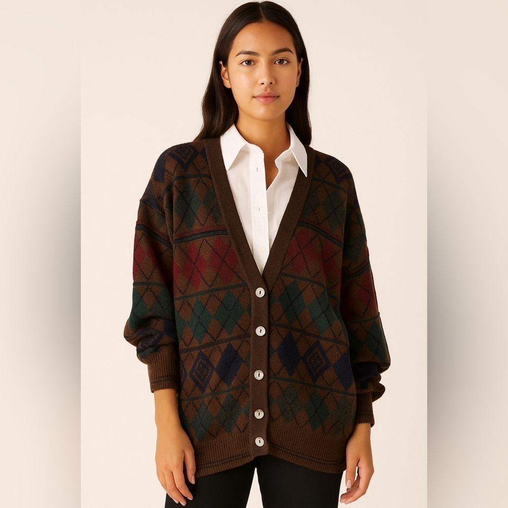 Vtg Italian Brown Argyle Wool Blend V-Neck Cardigan Grandpa Menswear Sweater L